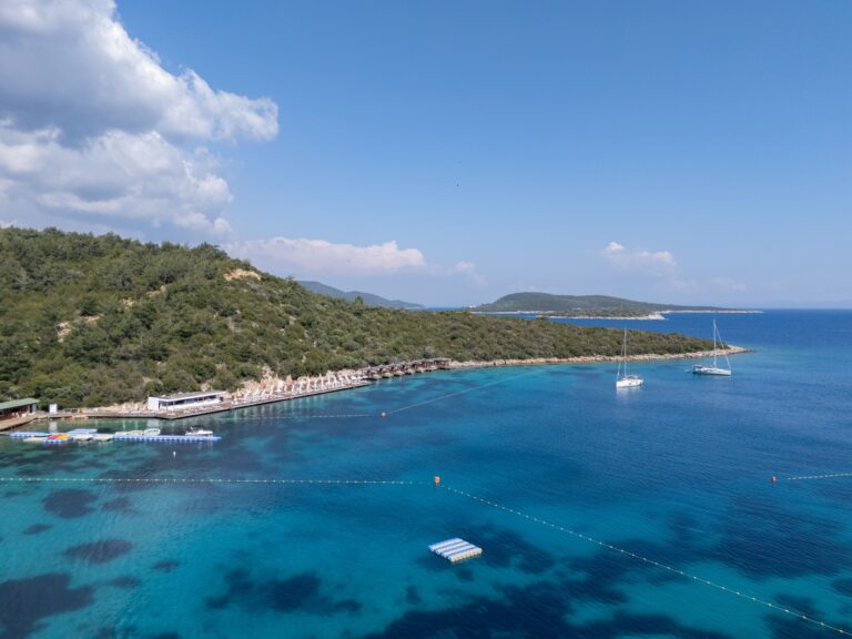 Stunning aerial shot of Bodrum's coastline with clear blue waters and lush greenery, perfect for travel inspiration.