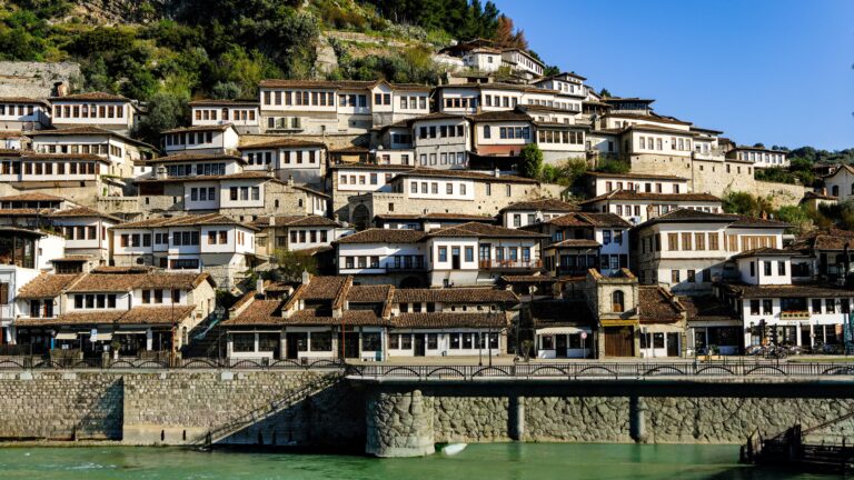 Charming view of Ottoman-era houses in the historic city of Berat, Albania.